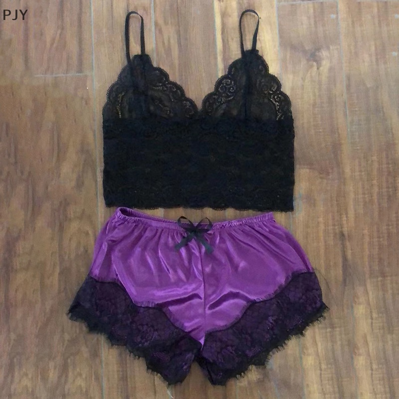 Bộ Đồ Ngủ Gồm Áo Ren Không Tay Cổ Chữ V Và Quần Ngắn Gợi Cảm Cho Nữ PJ