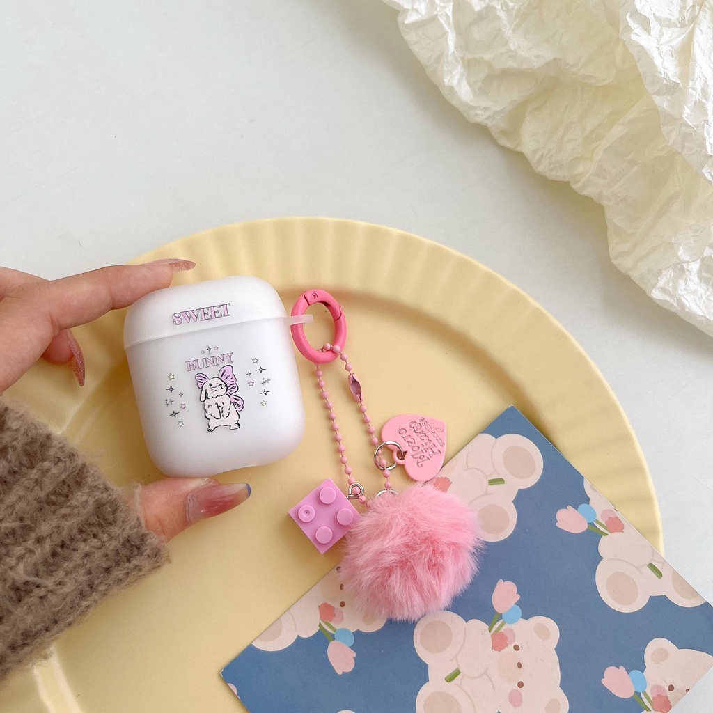 Vỏ Bảo Vệ Hộp Sạc Tai nghe không dây AirPods 1 2 3 Gen Pro2 2022 Bằng TPU Silicone Mềm Trong Suốt Hình Thỏ Phối Banh Lông Màu Hồng