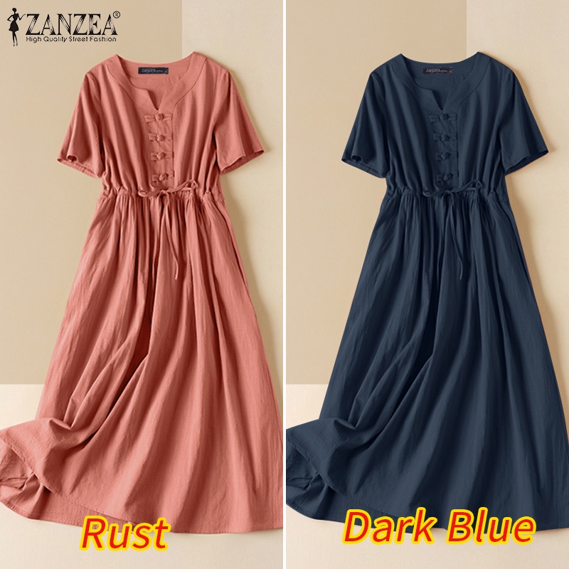 Đầm Tay Ngắn Cổ Tròn Màu Trơn Phối Dây Rút Thời Trang Cho Nữ ZANZEA