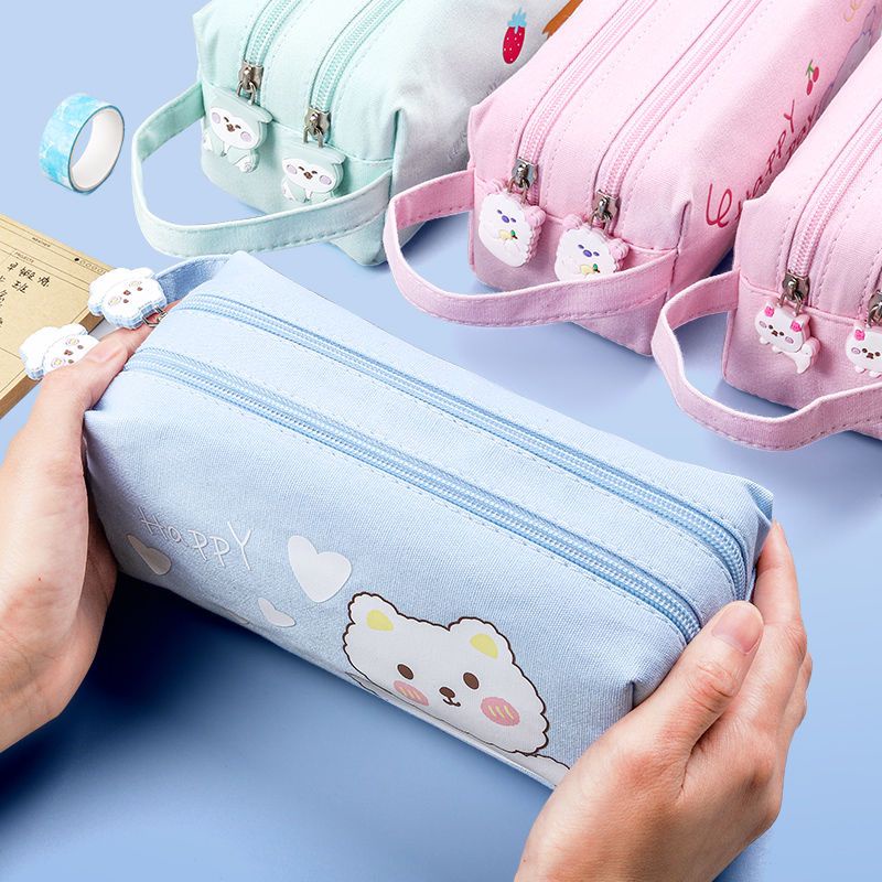 Túi Đựng Bút / Đồ Trang Điểm Sức Chứa Lớn Bằng Vải Canvas Hai Lớp Có Khóa Kéo Tiện Lợi