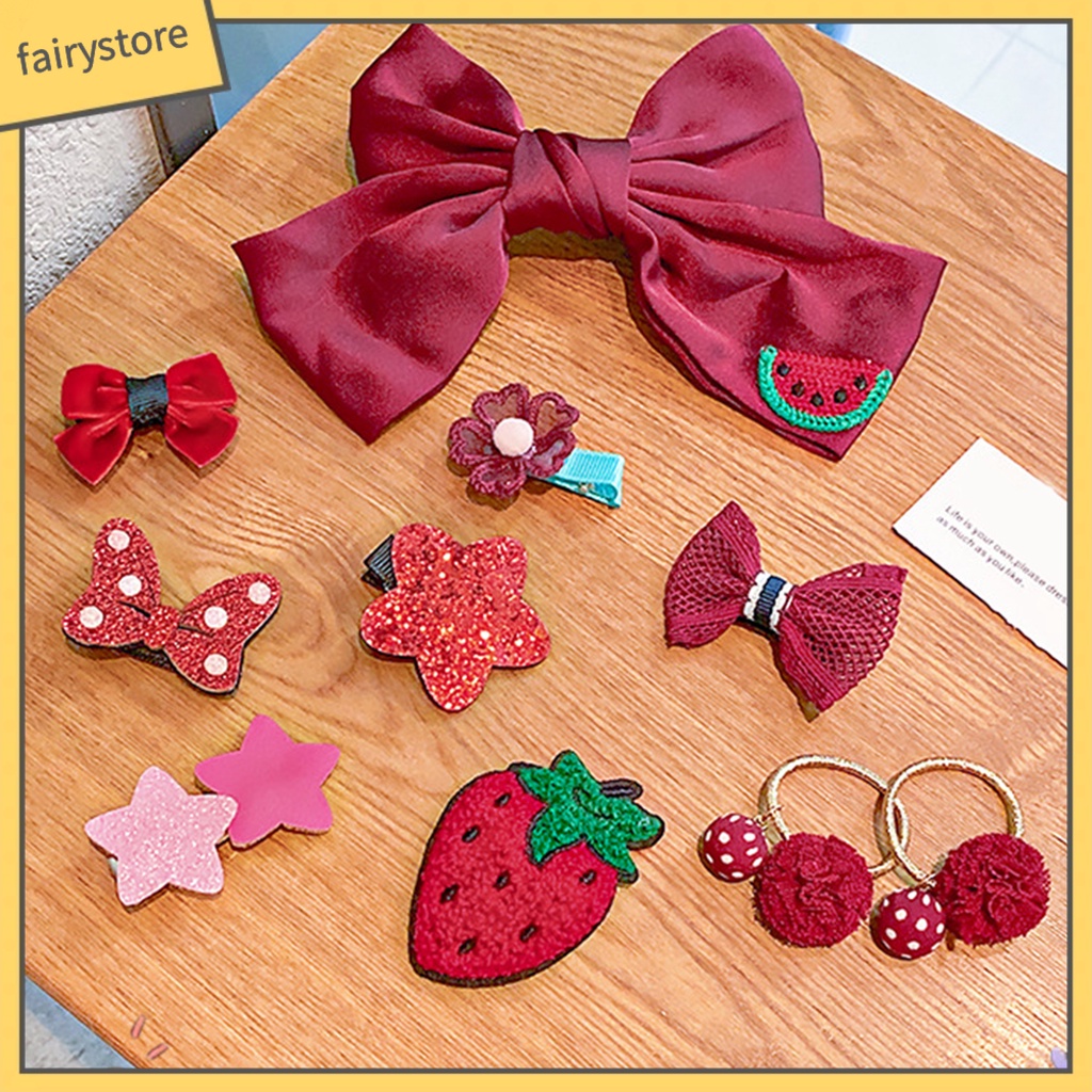 Set 10 Kẹp Tóc Hình Nơ / Trái Cây / Hoa Xinh Xắn Dành Cho Bé Gái