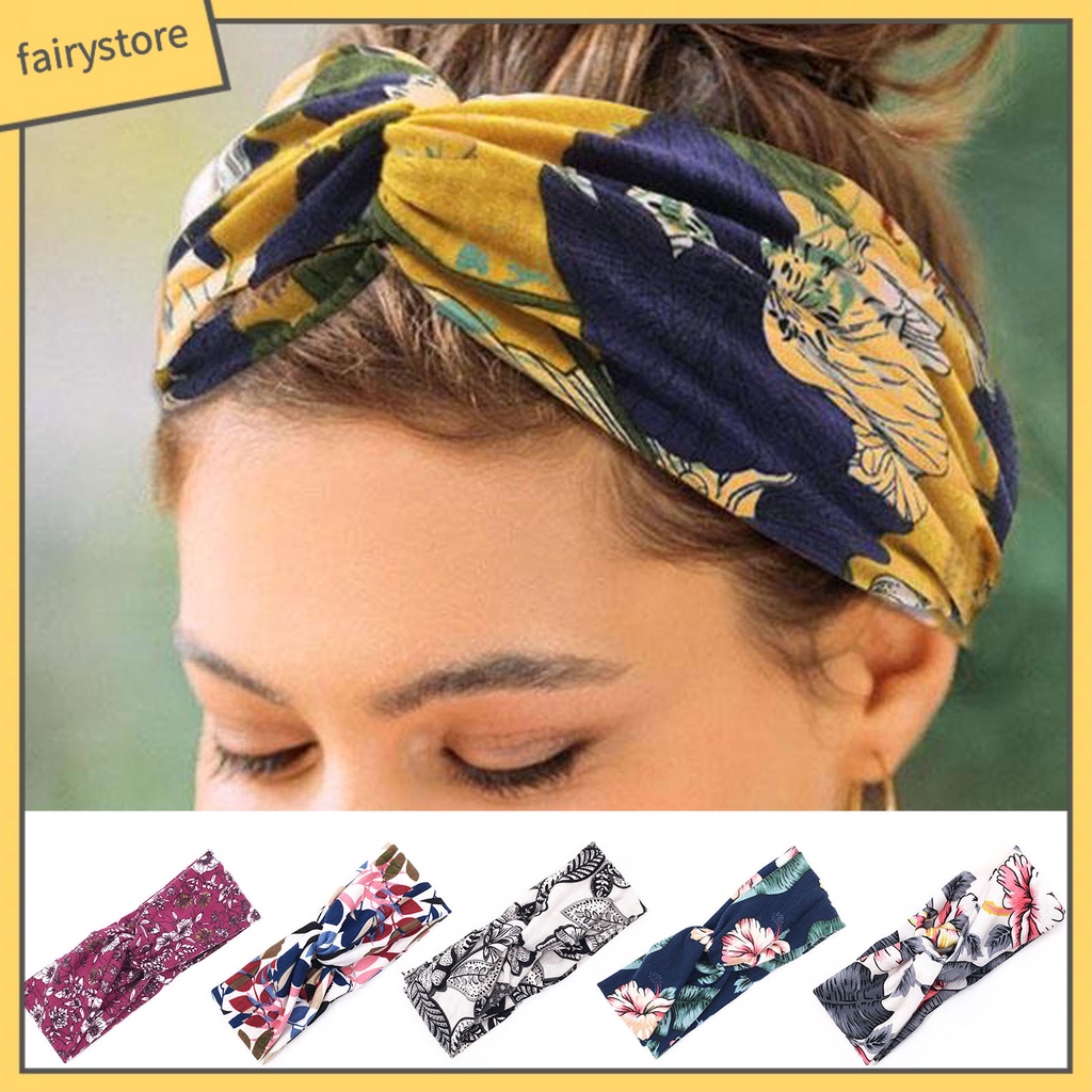 Băng Đô Cài Tóc Bản Rộng Co Giãn In Họa Tiết Hoa Xinh Xắn Cho Nữ