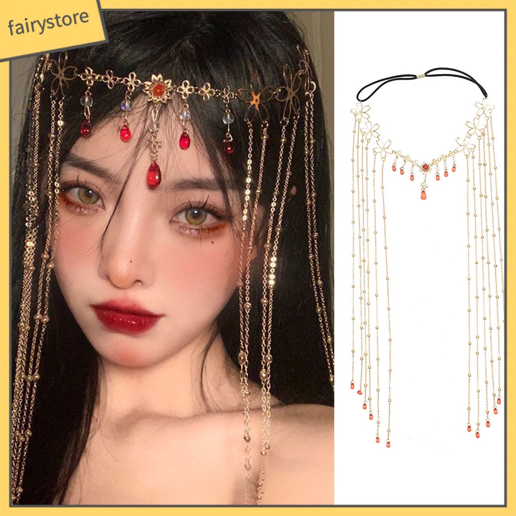 Chuỗi Dây Đeo Trán Co Giãn Họa Tiết Hoa Đính Đá Hình Giọt Nước Lấp Lánh Phong Cách Trung Hoa Cổ Điển