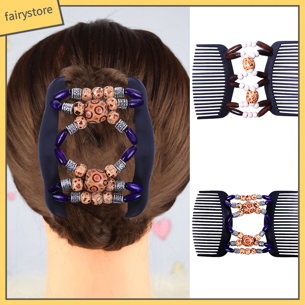 Kẹp Tóc Lược Đôi Đính Hạt Gỗ Phong Cách Vintage Cho Nữ