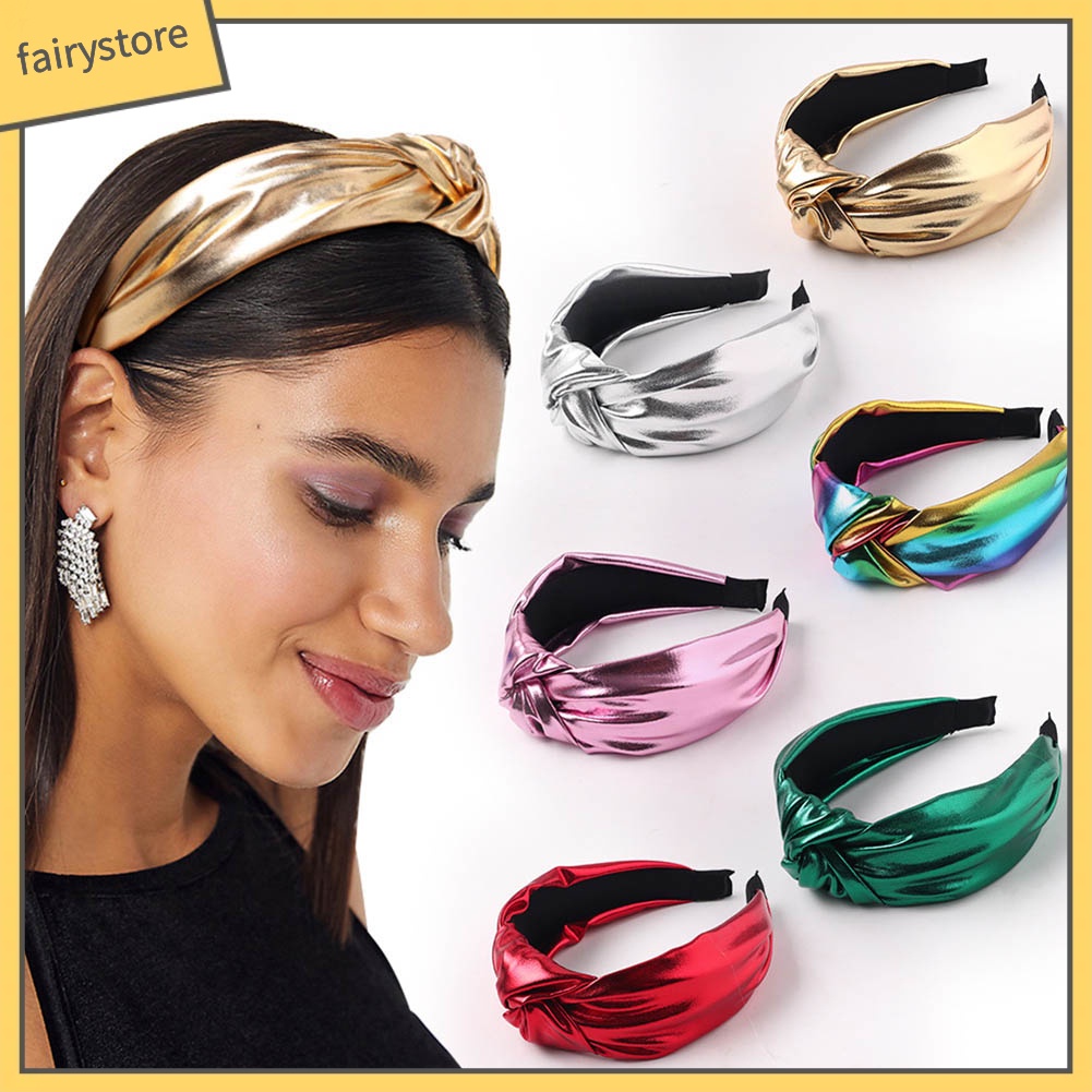 Băng Đô Cài Tóc Bản Rộng Giả Da Thắt Nút Màu Trơn Cho Nữ