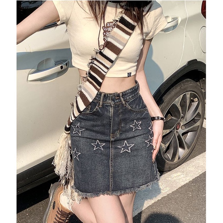 Y2k Chân Váy Jean Denim Chữ a Thêu Họa Tiết Phong Cách Retro Mỹ Thời Trang Mùa Hè Hàng Mới Dành Cho Bạn Nữ