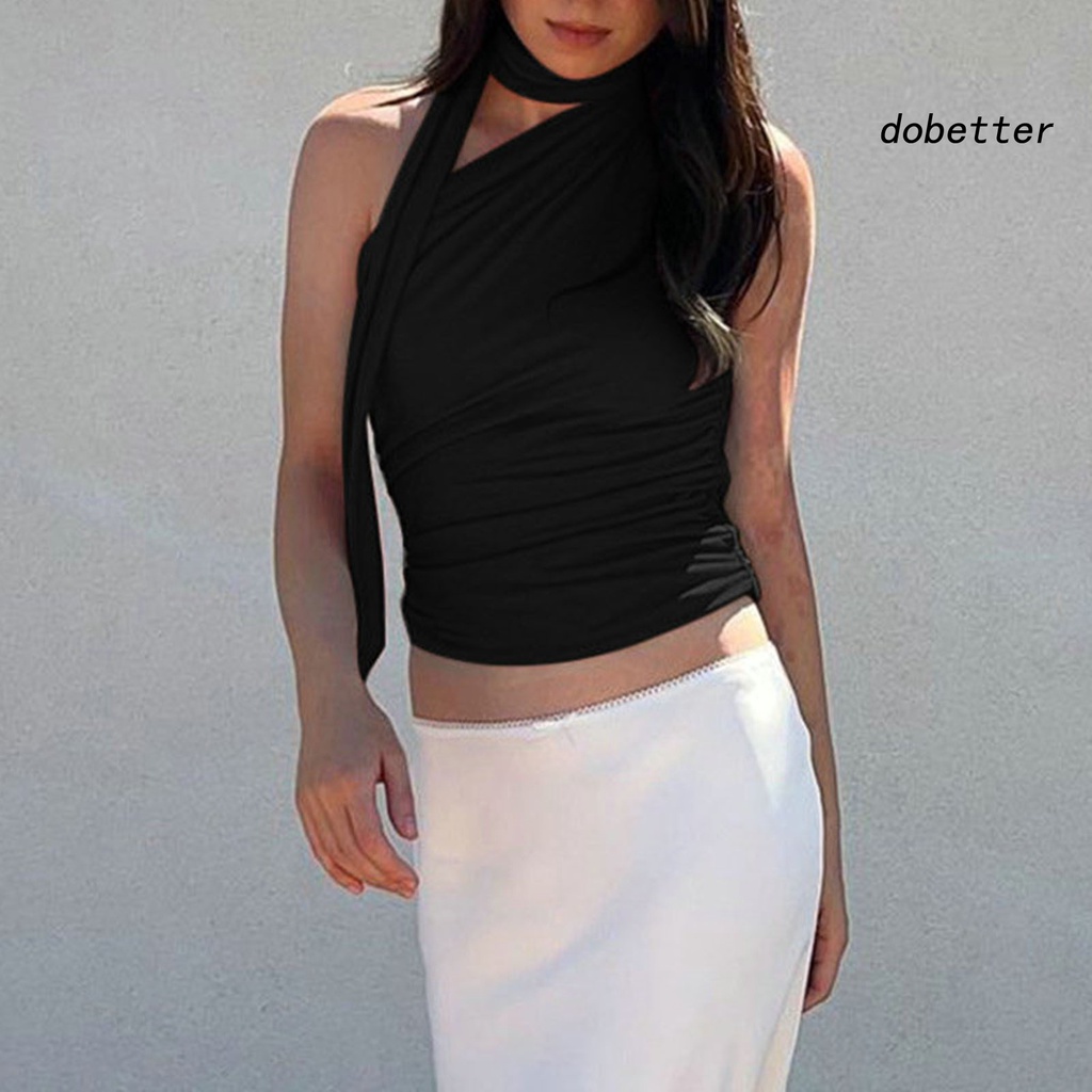 [DO] Áo Crop Top Không Tay Lệch Vai Ôm Dáng Màu Trơn Phối Ruy Băng Gợi Cảm Cho Nữ