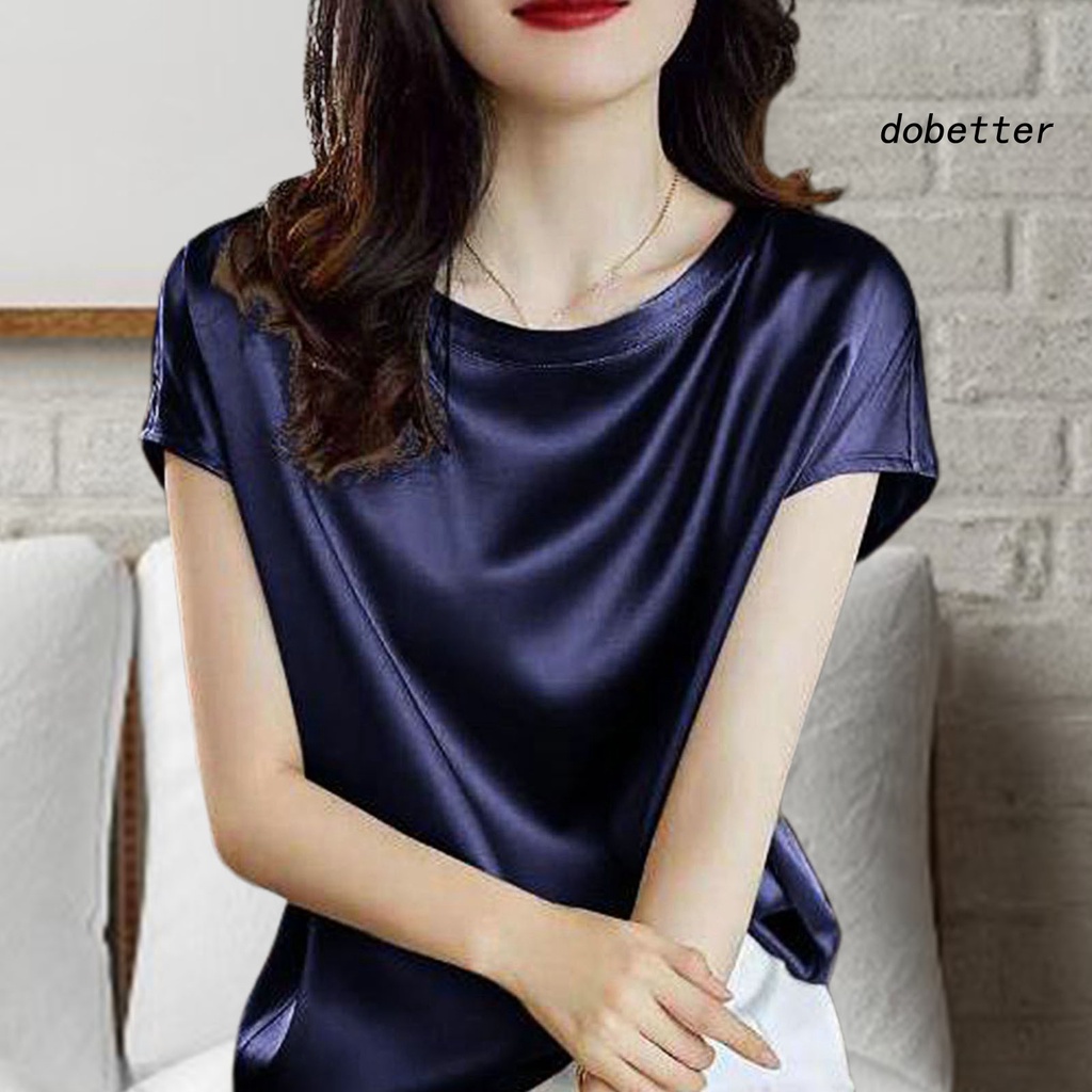 Áo Thun Satin Tay Ngắn Cổ Tròn Màu Sắc Đơn Giản Dành Cho Nữ