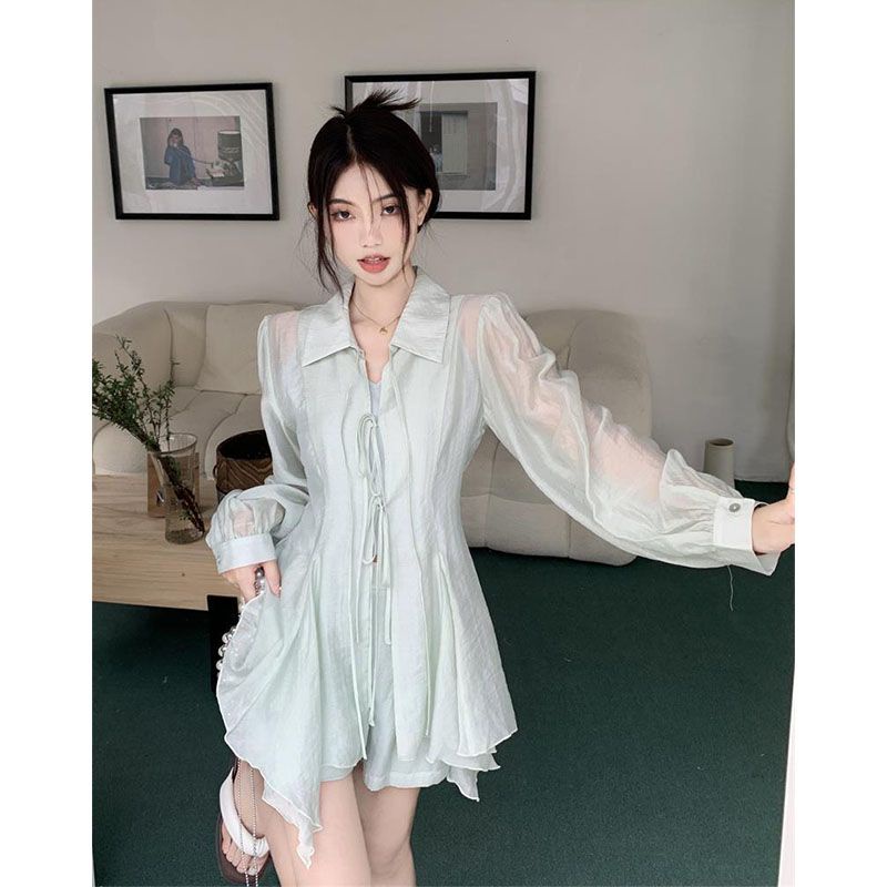 Bộ Áo Sơ Mi Mỏng Nhẹ Trong Suốt Chống Nắng Phối Quần Short Thời Trang Xinh Xắn Cho Nữ 6.27