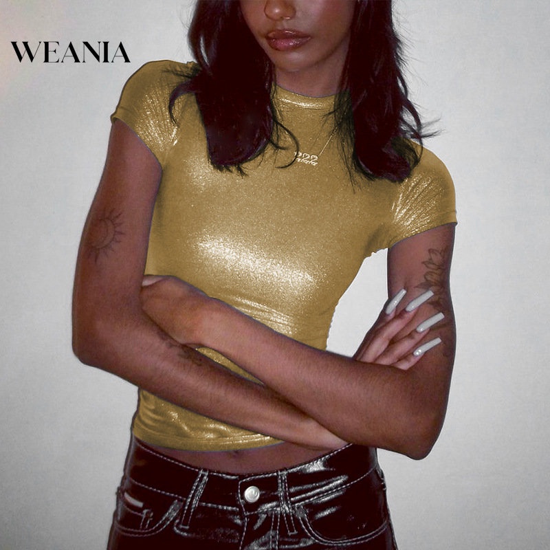 Áo Thun Tay Ngắn Dáng Ôm Màu Sắc Lấp Lánh Thời Trang Mùa Hè Cho Nữ