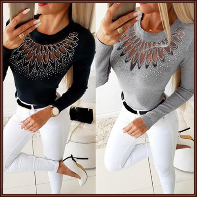 Áo Lưới Khoét Lỗ Tay Dài Màu Sắc Trơn Quyến Rũ Cho Nữ