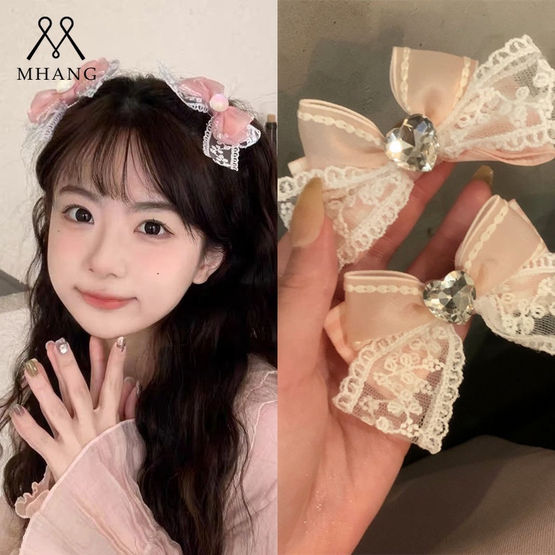 Kẹp Tóc Hình Nơ Phối Ren Đính Đá Dễ Thương Phong Cách Hàn Quốc Cho Nữ