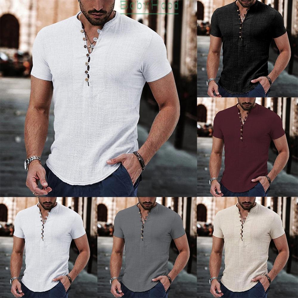 Mens Henley V Neck Casual Short Sleeve Shirt Button Down Blouse T Shirt Loose Fit Top#BBHOOD