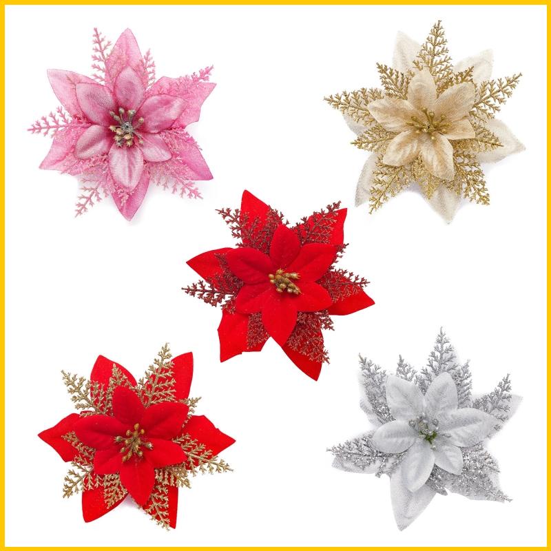 Set 5 Bông Hoa Nhân Tạo 15cm Kèm Kẹp Gắn Trang Trí Cây Thông Giáng Sinh