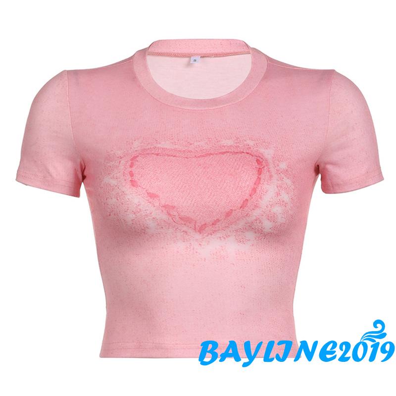 Áo Croptop Ngắn Tay Cổ Tròn In Họa Tiết Trái Tim Dễ Thương Dành Cho Bé Gái