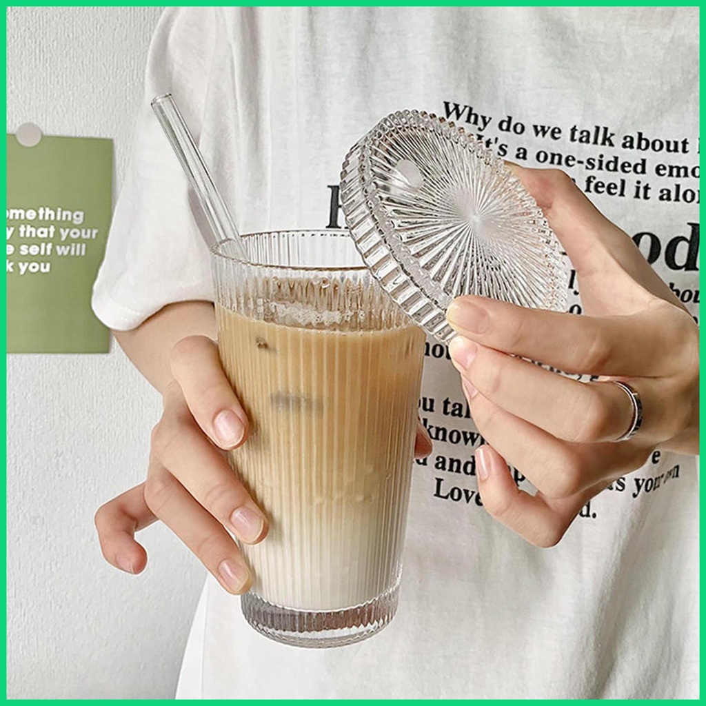 Ly Uống Nước Bằng Thủy Tinh Có Gân Kèm Ống Hút 375ml Cho jiwvn jiwvn