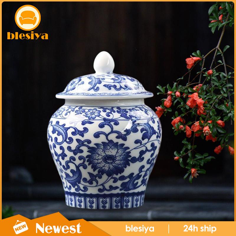 [Blesiya] Hũ Đựng Trà / Gừng Bằng Sứ Màu Xanh Dương Và Trắng Có Nắp Đậy Trung Tâm