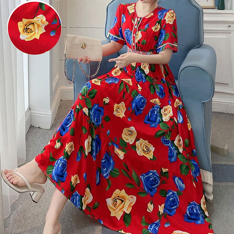 Váy Xòe Dài Eo Cao Bằng Lụa Cotton Phong Cách Mới Mùa Hè In Họa Tiết Hoa Có Kích Thước Lớn Cho Nữ