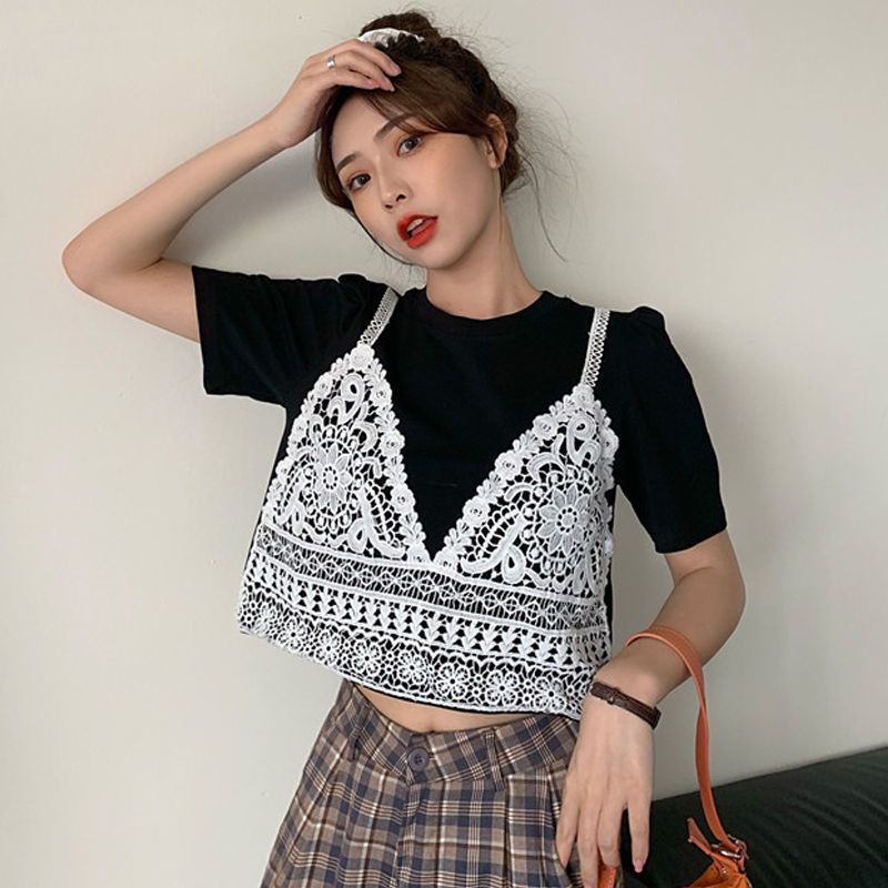Áo Thun Ngắn Tay Giả Hai Lớp Phối Ren Phong Cách Mới Cho Nữ