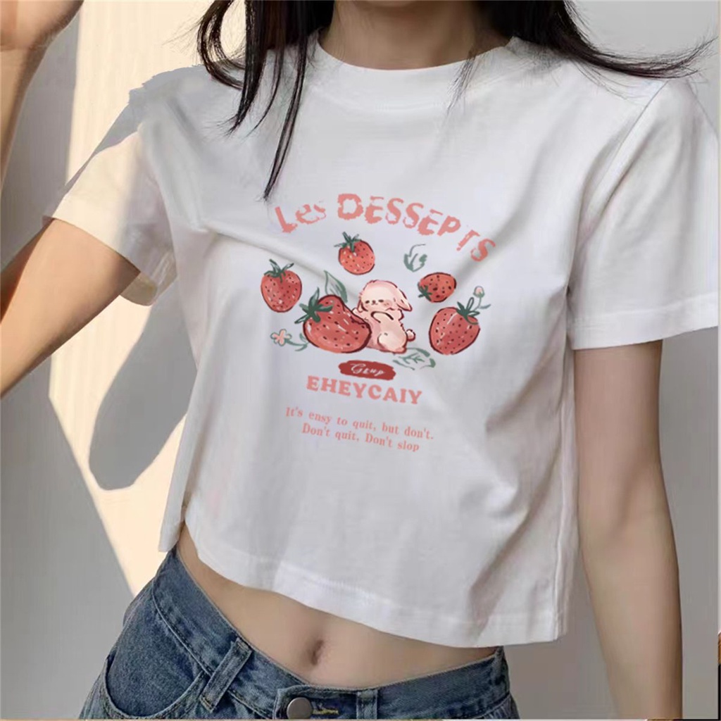 Áo Thun Cotton Ngắn Tay Màu Trơn Họa Tiết Thỏ Hoạt Hình Thời Trang Mùa Hè Cho Nữ