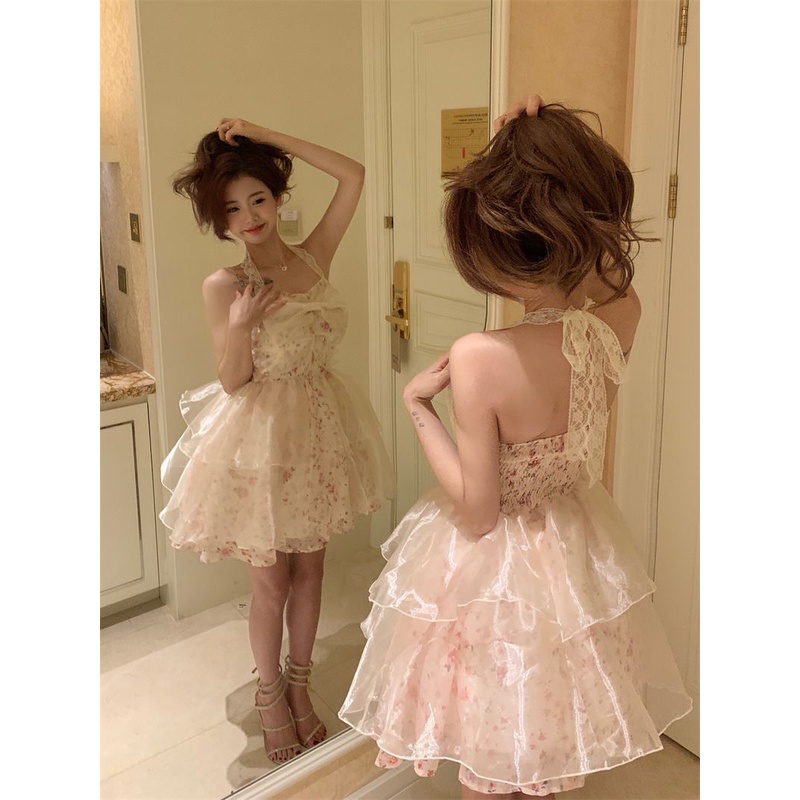 Pure Desire Hot Đầm Lưới Phối Ren Mỏng Ghép Hoa Phong Cách Niche Thắt Nơ Eo Hẹp Eo Cho Nữ Mùa Hè