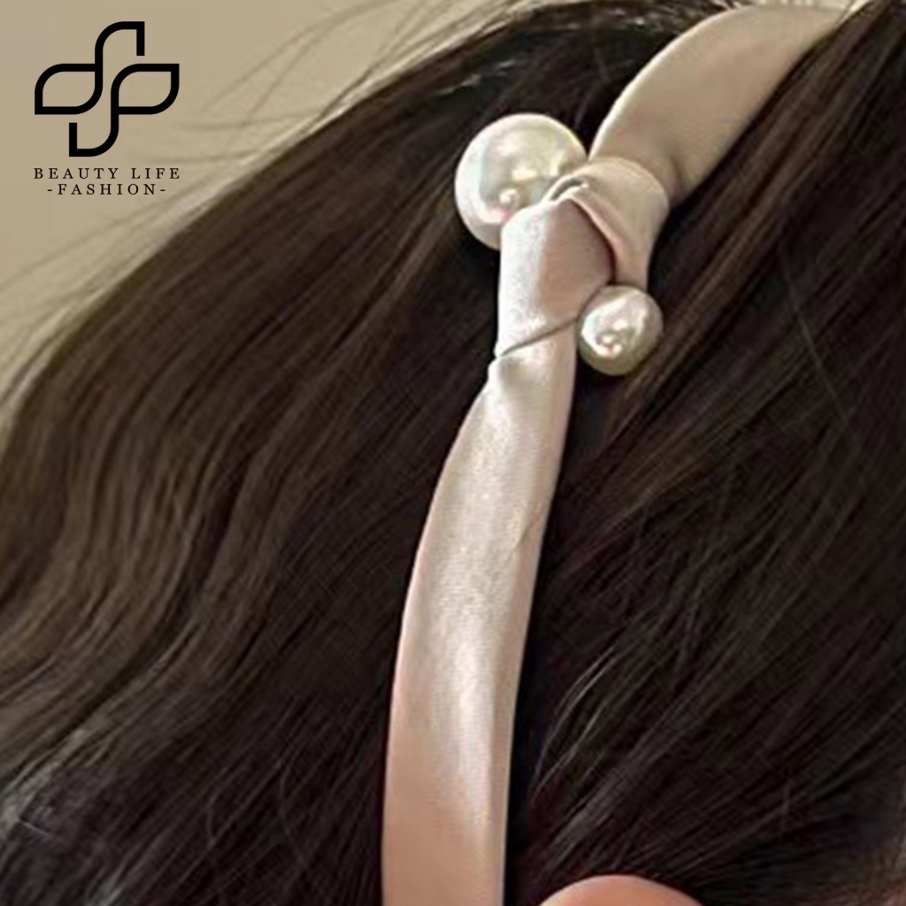 Băng Đô Vải Satin Thắt Nút Đính Ngọc Trai Nhân Tạo Chống Trượt Thời Trang Vintage