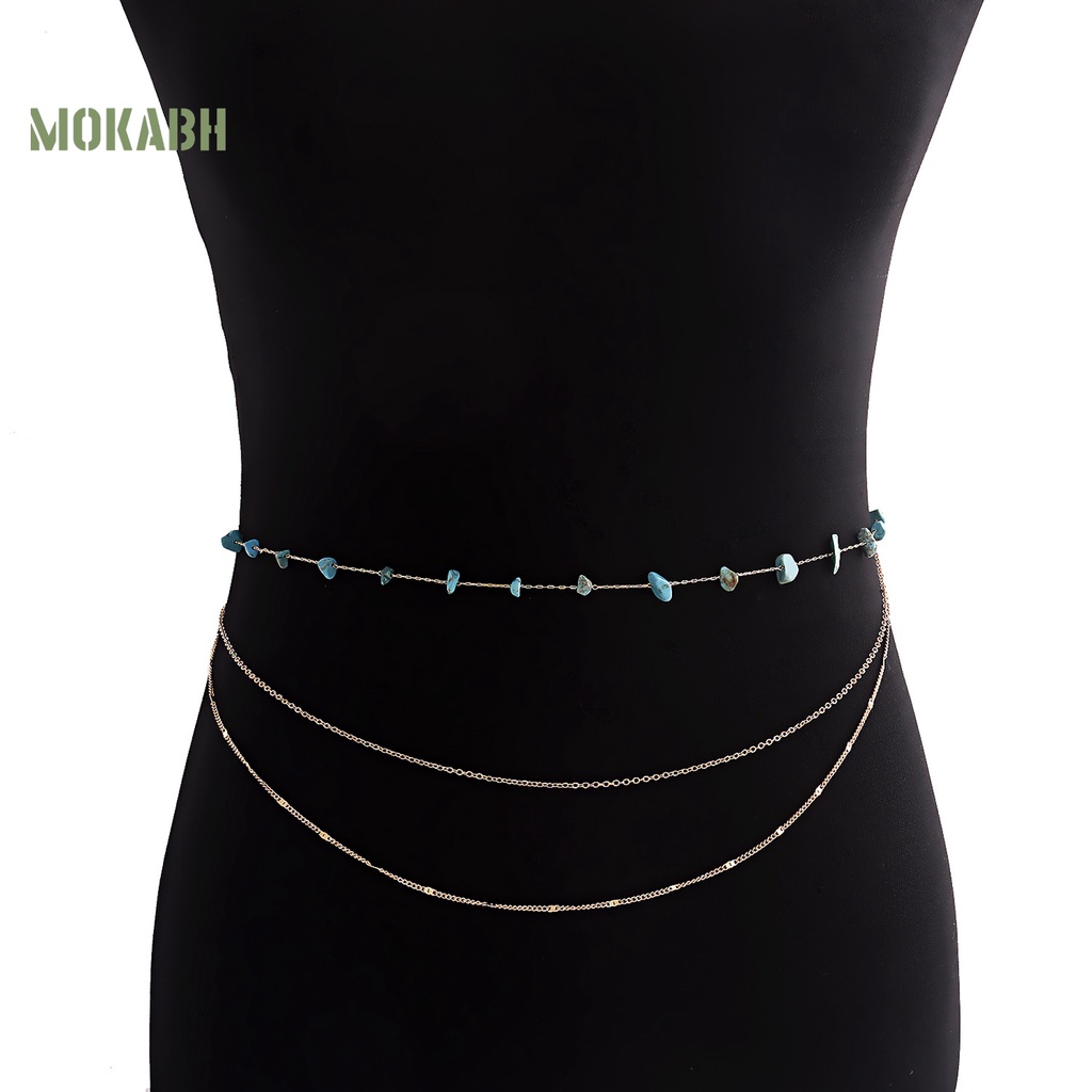 [Mok Abh] Vòng Thắt Lưng Nhiều Vòng Đính Đá Ngọc Lam Giả Phong Cách Bohemian Có Thể Điều Chỉnh Dùng