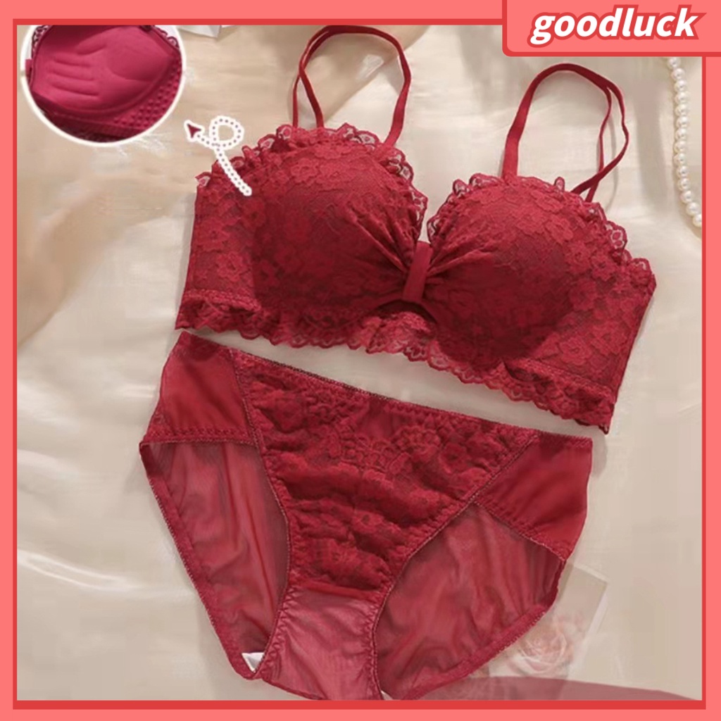 Bộ 2 Món Áo Lót Hai Dây Nâng Ngực + Quần Lót Lưng Cao Phối Ren Thêu Họa Tiết Ngọt Ngào