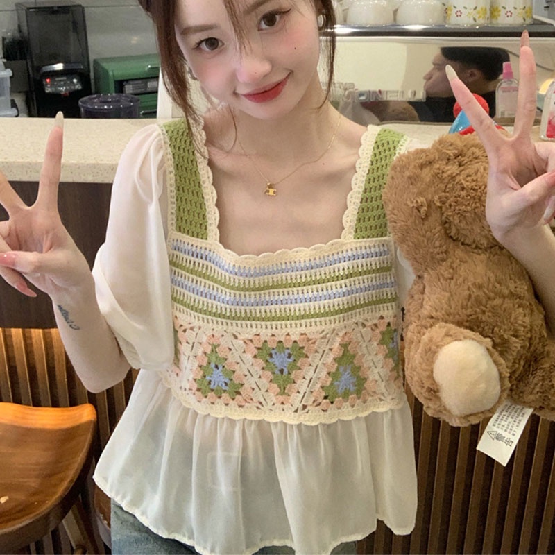 Áo Cổ Vuông Giả Hai Lớp Thời Trang Mùa Hè Hàn Quốc 2023