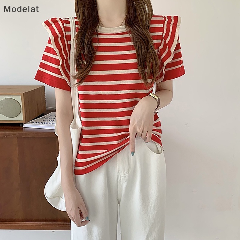Áo Thun Dệt Kim Tay Ngắn Cổ Tròn Họa Tiết Kẻ Sọc Thời Trang Mùa Hè Dành Cho Nữ