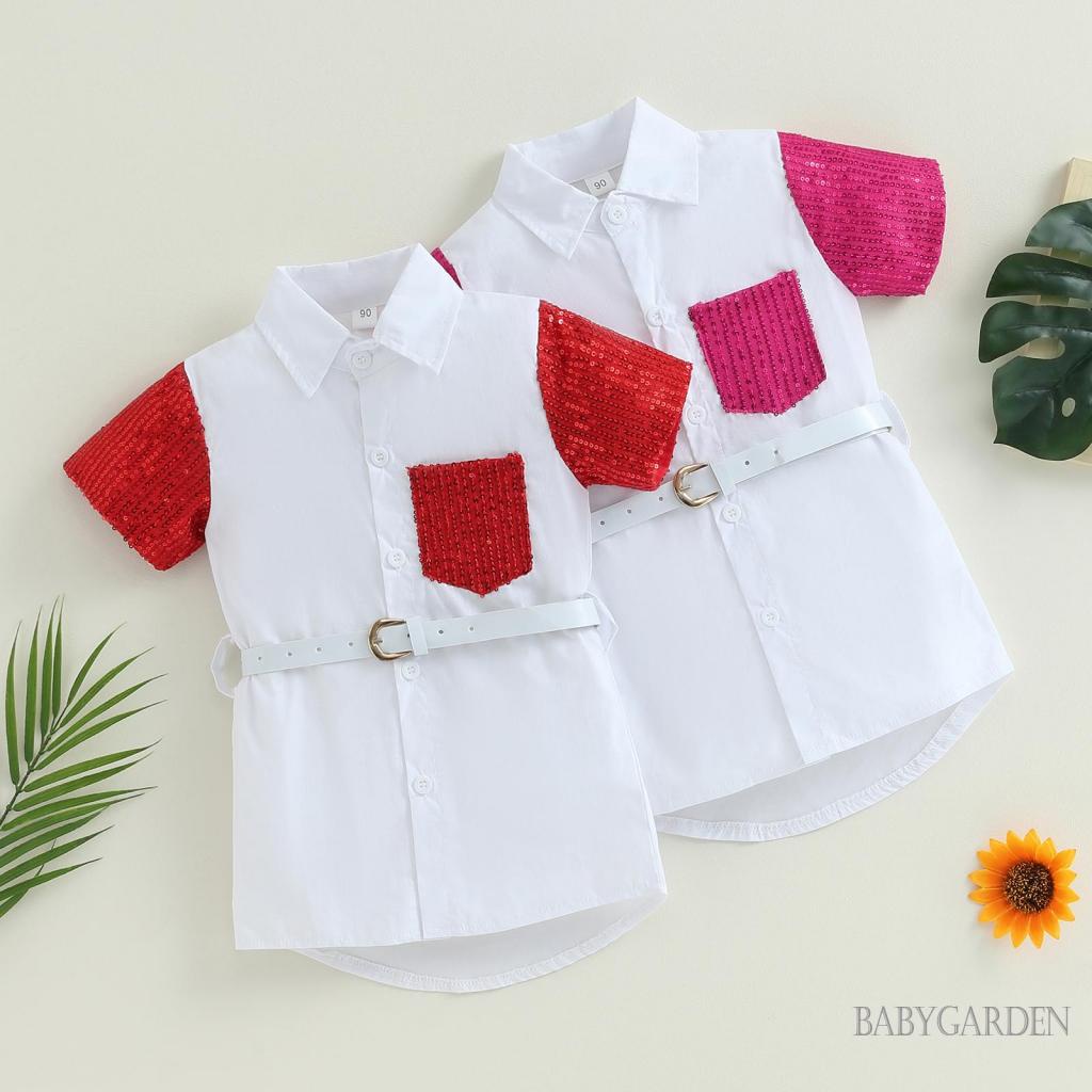 Đầm Tay Ngắn Cổ Bẻ Đính Kim Sa Lấp Lánh Thời Trang Mùa Hè Xinh Xắn Cho Bé Gái 1-5 Tuổi