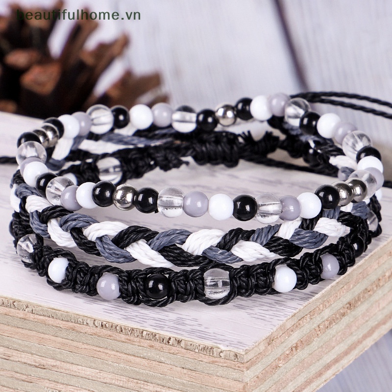 Bộ 3 Vòng Tay Dây Bện Xỏ Hạt Nhiều Màu Phong Cách Bohemian Thời Trang