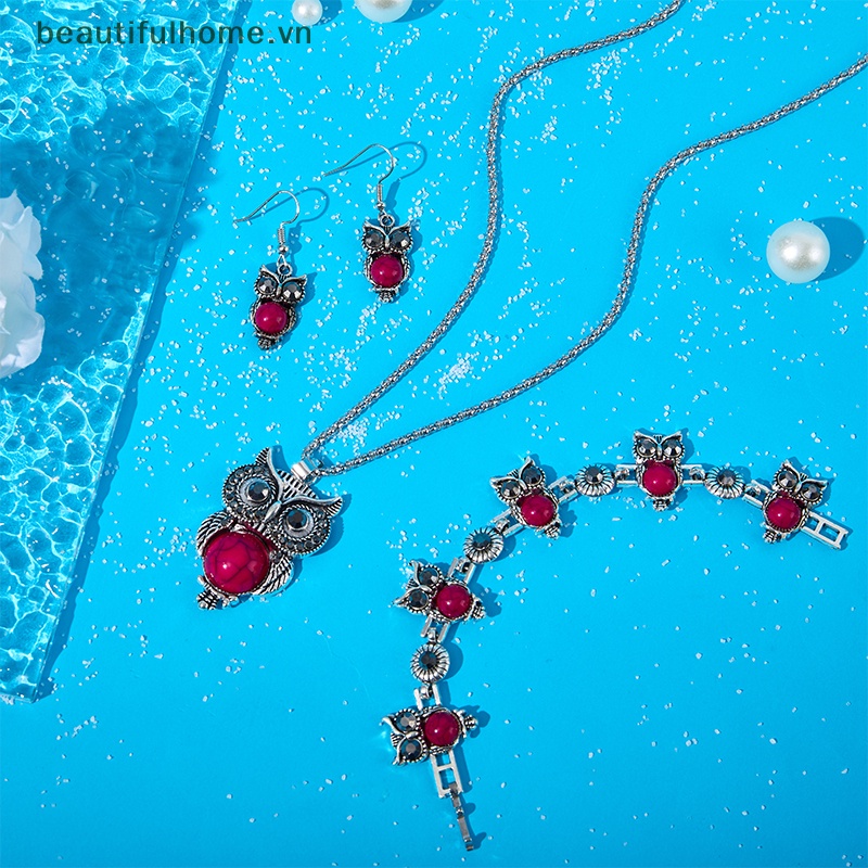 Bộ Trang Sức Vòng Cổ / Bông Tai / Vòng Tay / Dây Chuyền Hình Chim Cú Đính Đá Ngọc Lam Phong Cách Vintage