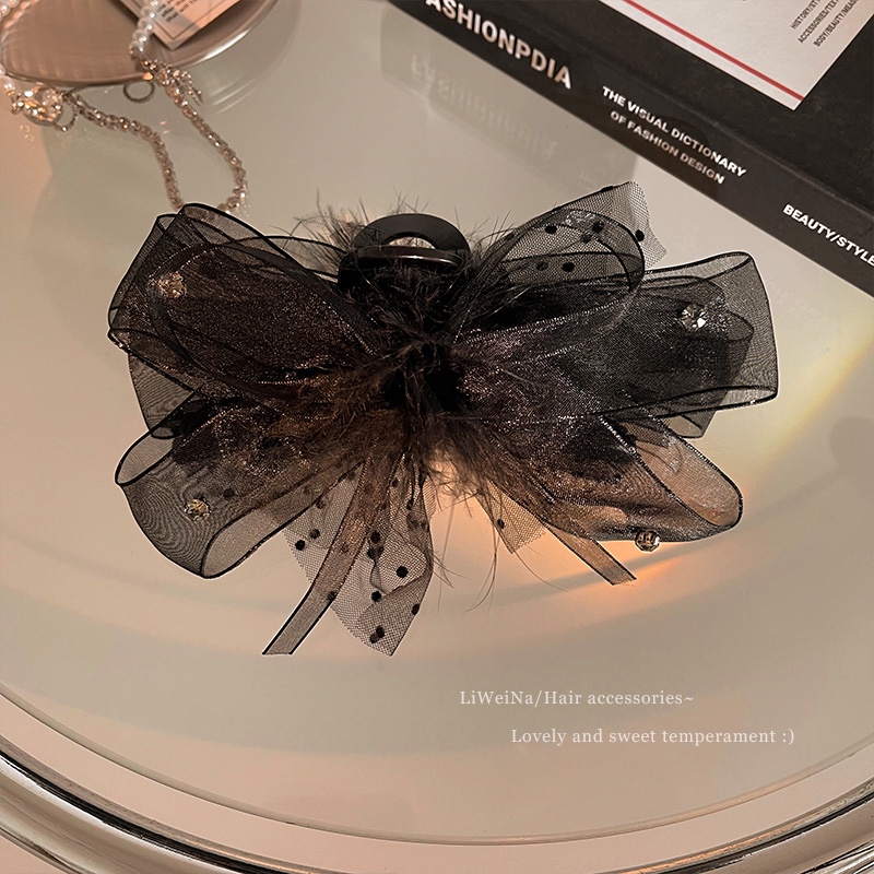 Kẹp Tóc Càng Cua Dạng Lưới Chấm Bi Hai Mặt Phối Ren Lông Vũ Thời Trang Cho Nữ