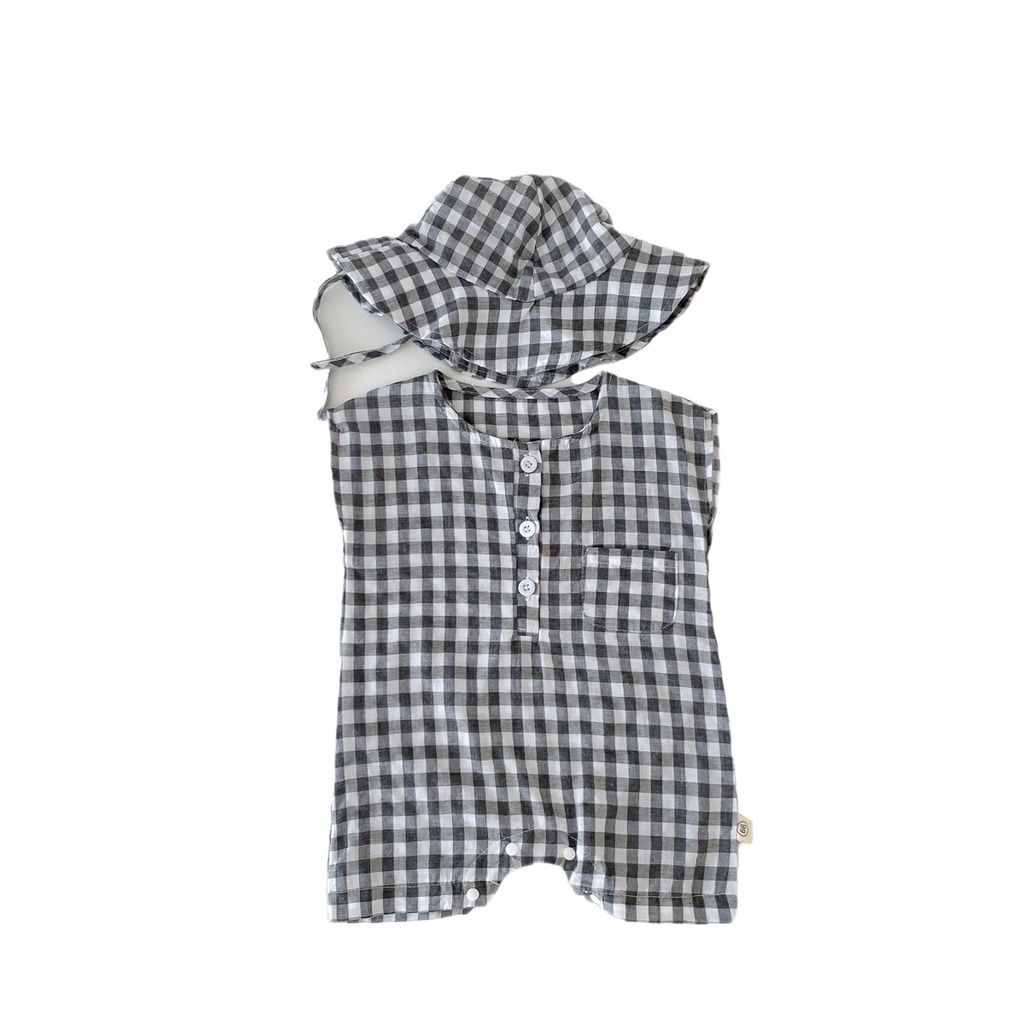 Bộ Áo Liền Quần Tay Ngắn Kèm Nón Họa Tiết Sọc Caro Thời Trang Mùa Hè Cho Bé Sơ Sinh