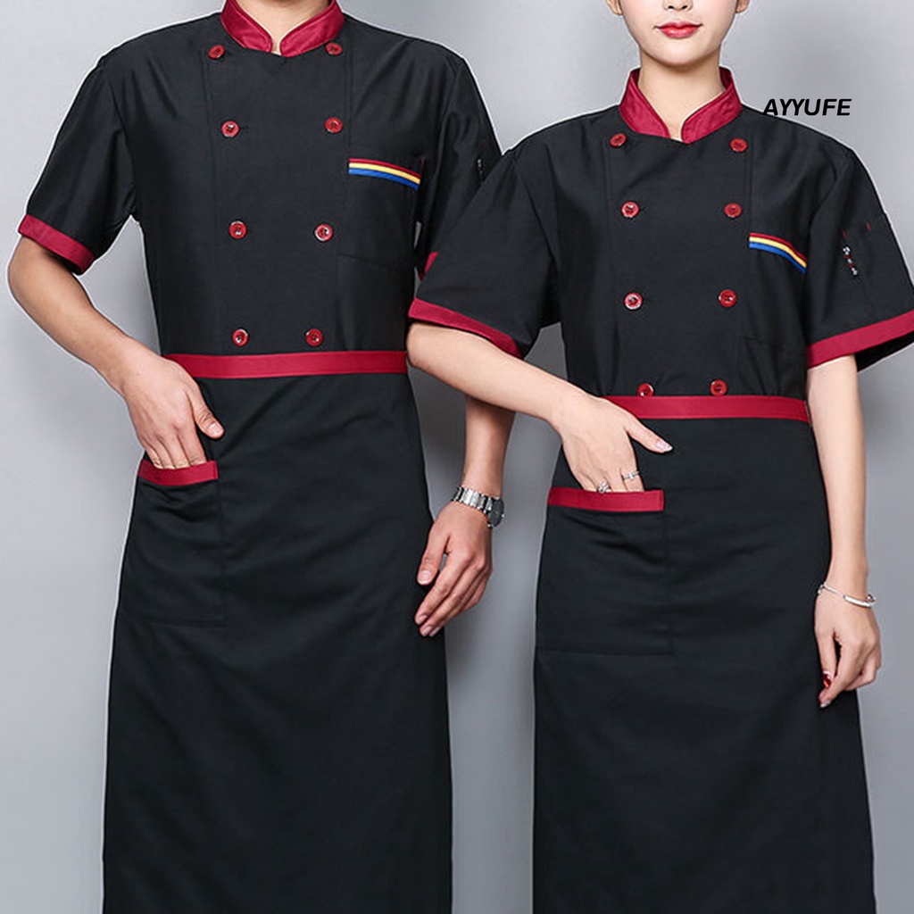 [AYYUFE] Áo Đồng Phục Đầu Bếp Ngắn Tay Cổ Đứng Phối Màu Thời Trang Unisex