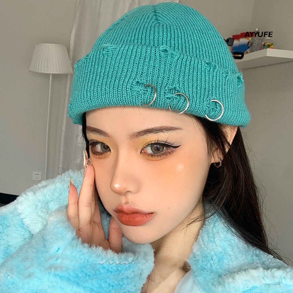 Mũ beanie Dệt Kim Màu Trơn Phối Khoen Kim Loại Phong Cách Hip Hop Thời Trang Thu Đông Cho Nữ