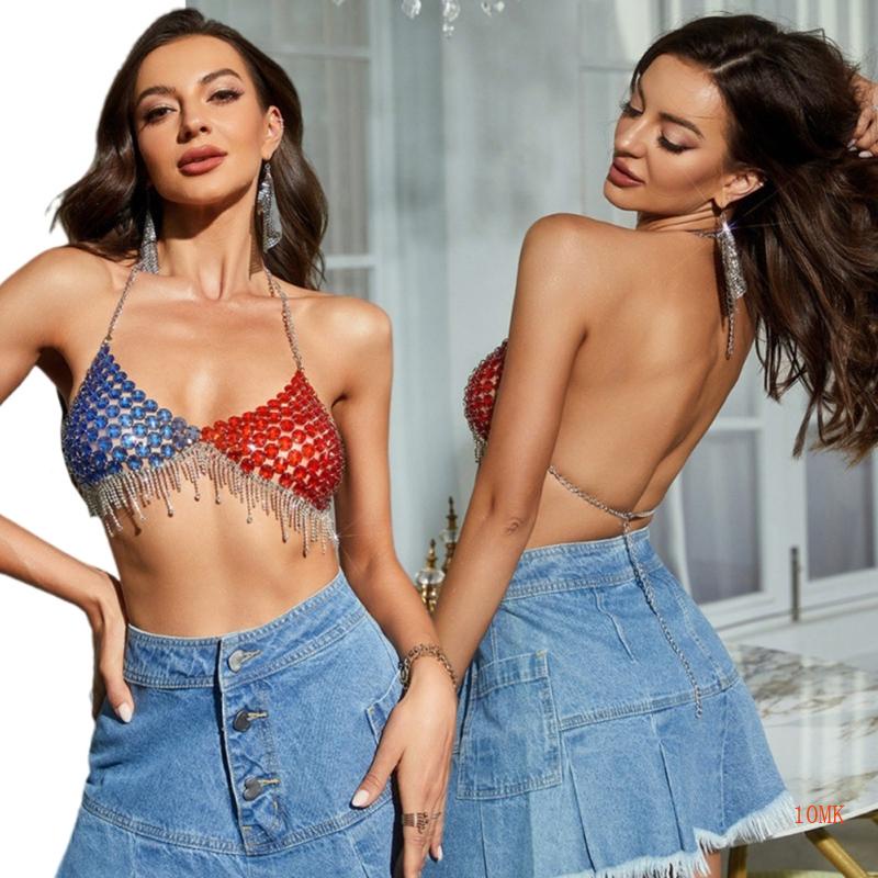 Áo Croptop Sát Nách Hở Lưng Đính Đá Phong Cách Vintage Quyến Rũ