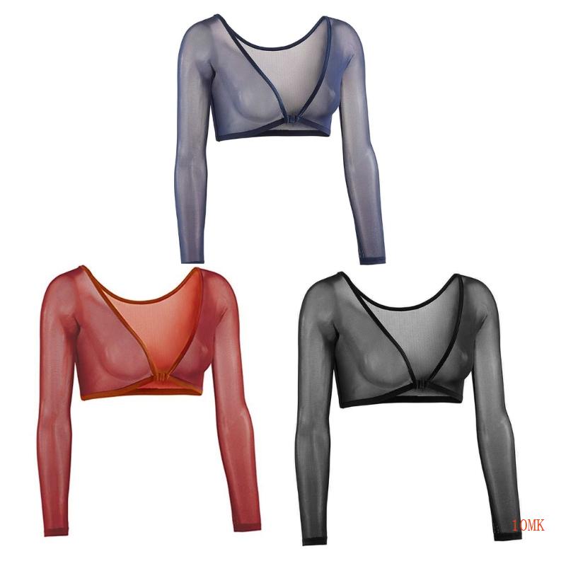 Áo Thun Crop Top Tay Dài Màu Sắc Trơn Phối Lưới Xuyên Thấu Có Khóa Cài Thời Trang Quyến Rũ Cho Nữ