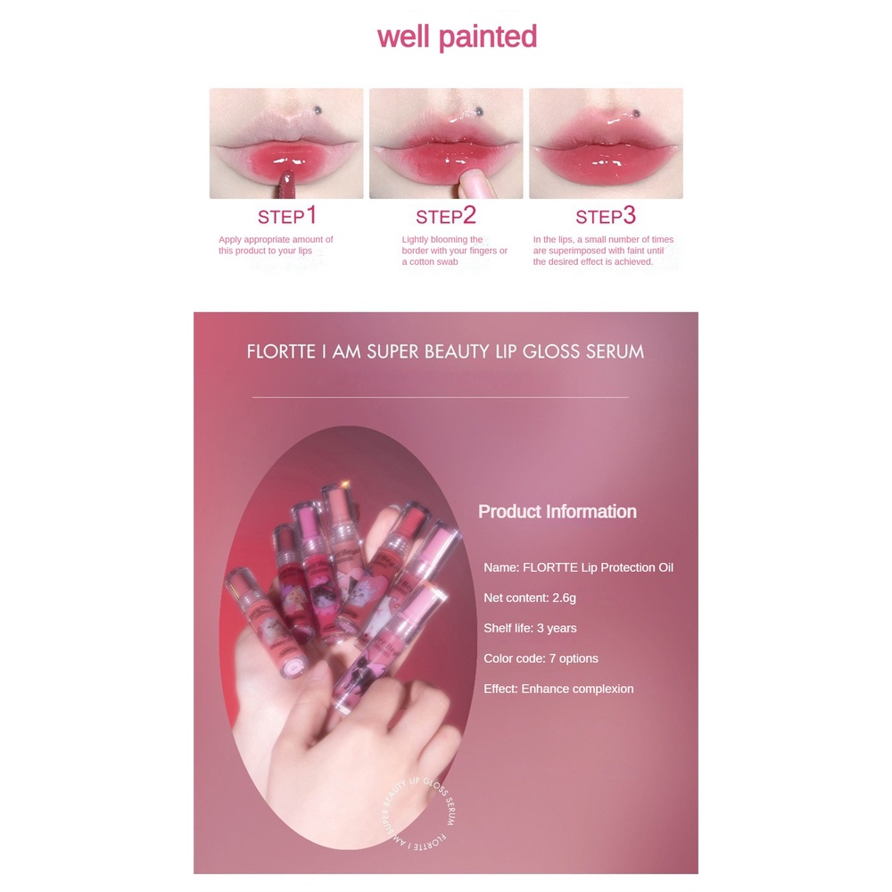 ♕ Flortte Super Beauty Lip Protection Oil Enhance Lip Complexion Water Gloss Dưỡng ẩm Son môi mềm mịn Dễ lên màu Trang điểm môi lâu trôi 7 kiểu dáng NỘI THẤT
