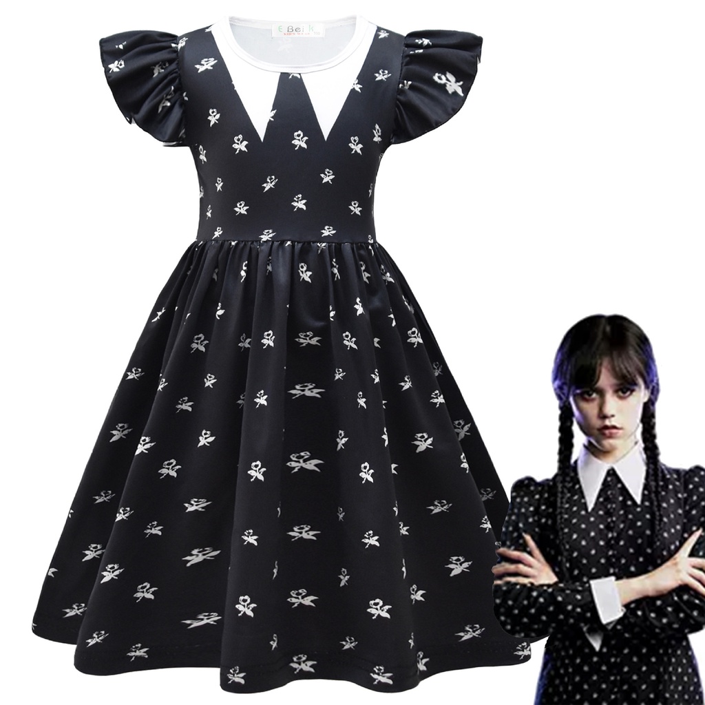 Đầm Hóa Trang Halloween Nhân Vật Addams Màu Đen Cho Bé Gái 2-8 Tuổi