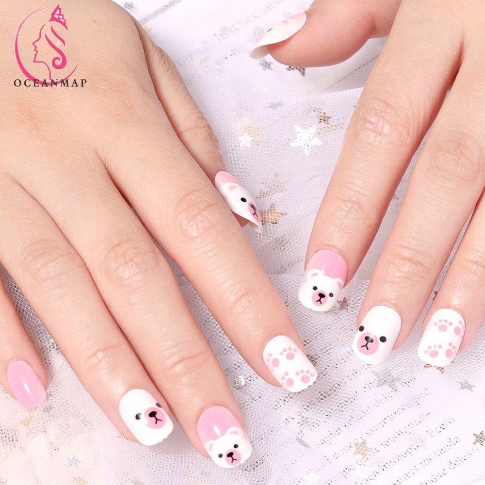 Bộ 24 Móng Tay Giả In Họa Tiết Hoa Hoạt Hình Dễ Thương Có Thể Tháo Rời DIY