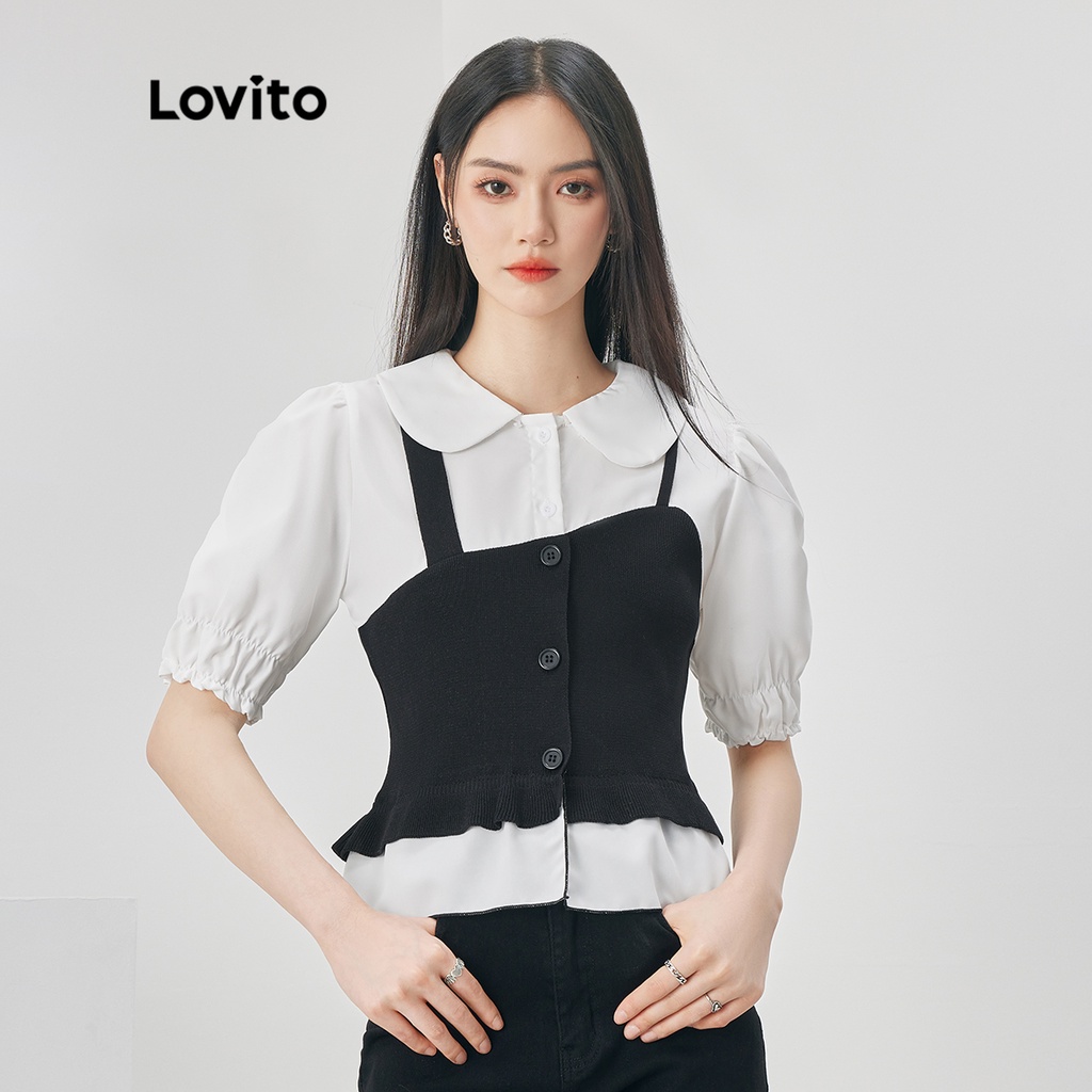 Áo kiểu Lovito màu trơn phối nút trước cổ 2 trong 1 dành cho nữ L52AD044 (trắng/ xanh dương và trắng/ đen và trắng)