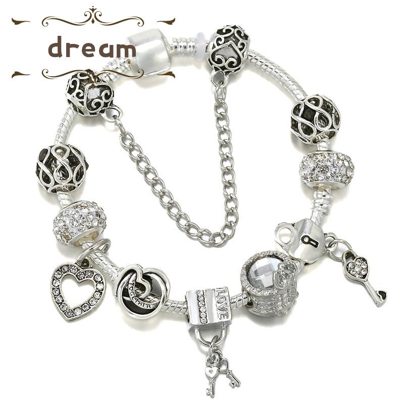 【DREAMLIFE】Antique Silver plated Pa Bracelets &amp; Bangles Crystal Heart Charm Beads Bracelet