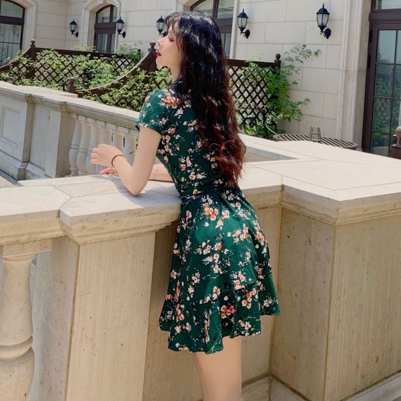 Đầm Voan Hoa Cổ Chữ v Cột Dây Nhấn Eo Màu Xanh Lá Cổ Điển Thời Trang Mùa Hè Kiểu Pháp Cho Nữ Có Size Lớn 100kg