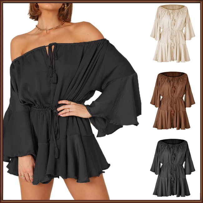 Bộ Áo Liền Quần Trễ Vai Eo Cao Tay Loe Phối Dây Rút Thời Trang Mùa Hè Cho Nữ