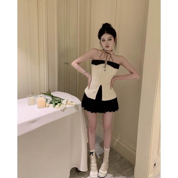 Áo Ống Ôm Sát Xẻ Ngực Màu Trơn Phong Cách Pháp Thời Trang Mùa Hè Quyến Rũ Cho Nữ