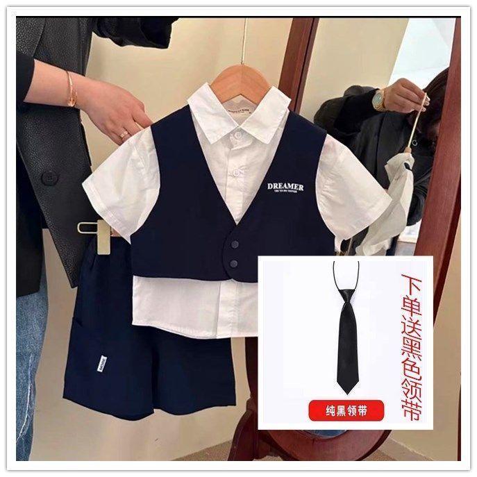 Áo Sơ Mi Tay Ngắn Giả Hai Mảnh Phong Cách Preppy Thời Trang Mùa Hè Hàn Quốc Cho Bé Trai