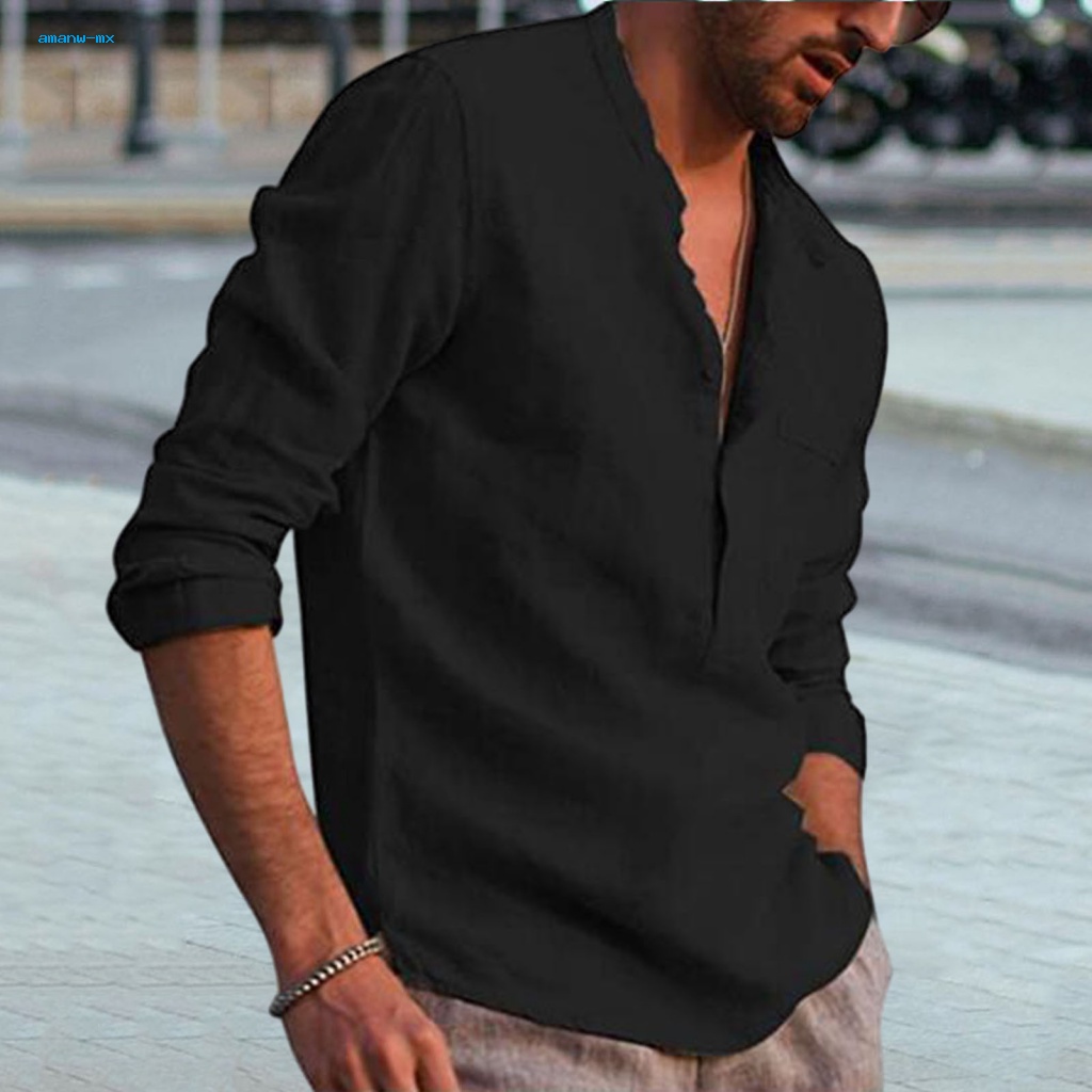 Am * Áo Sơ Mi Cotton Lanh Dáng Rộng Vừa Vặn Cổ Đứng Có Túi Trang Trí Một Nửa Nút Siêu Nhẹ Phù Hợp Với Mọi Phong Cách Bãi Biển