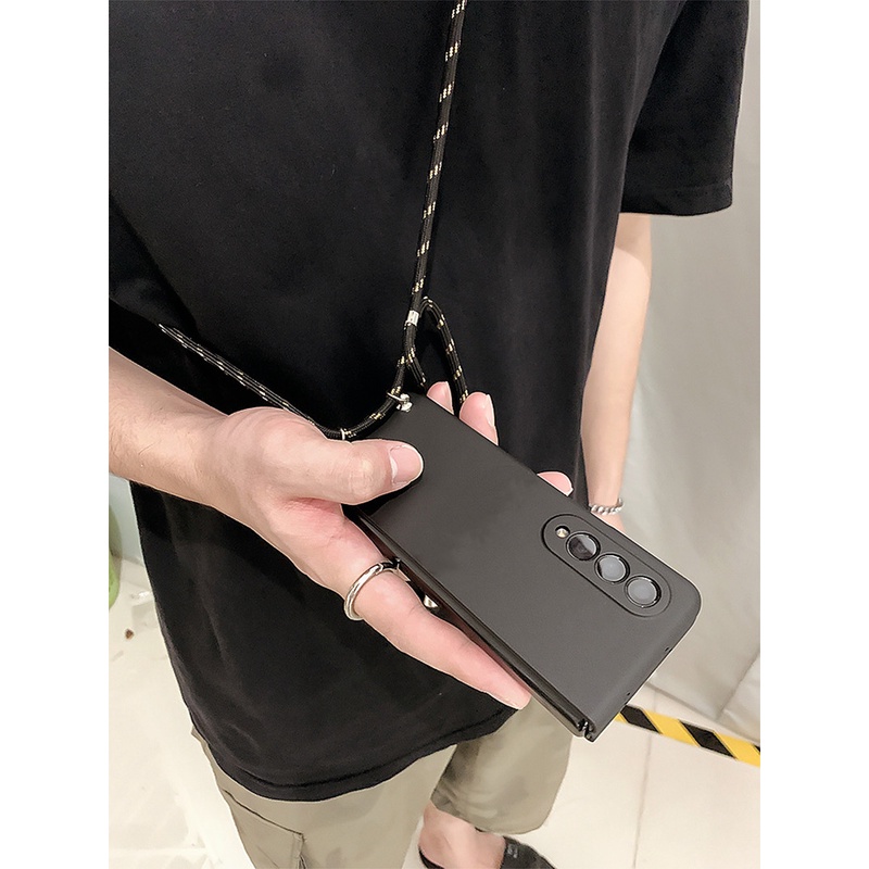 Ốp Điện Thoại Da Nhám Màu Đen Có Dây Đeo Chéo Cho samsung galaxy z fold 5 4 3 2 5g
